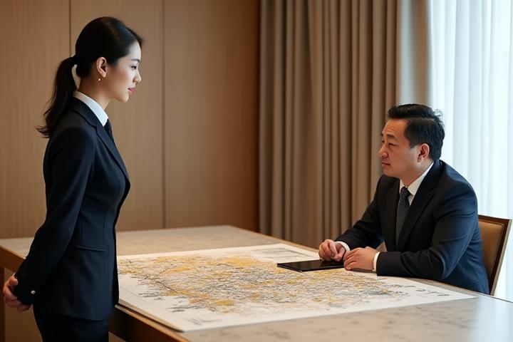 금호 스위트 컨시어지 전문가가 VIP 고객과 대화하며 서울 지도 위에서 맞춤형 일정을 계획하는 모습