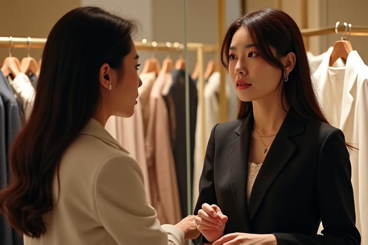 개인 쇼핑 어시스턴트와 고객이 명품 매장에서 의류를 고르는 모습