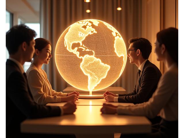 여러 언어를 사용하는 사람들이 모여 국제적인 소통을 하는 모습