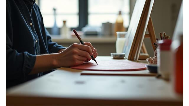 호텔 내 아티스트 작업실에서 작가가 섬세하게 그림을 그리고 있는 모습