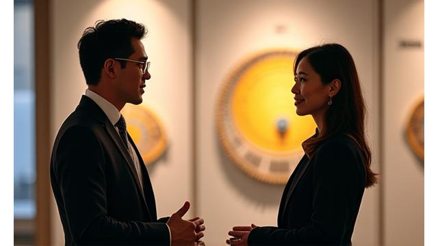 호텔 예술 담당 큐레이터와 지역 갤러리 대표가 함께 미술 작품 앞에서 대화하는 모습