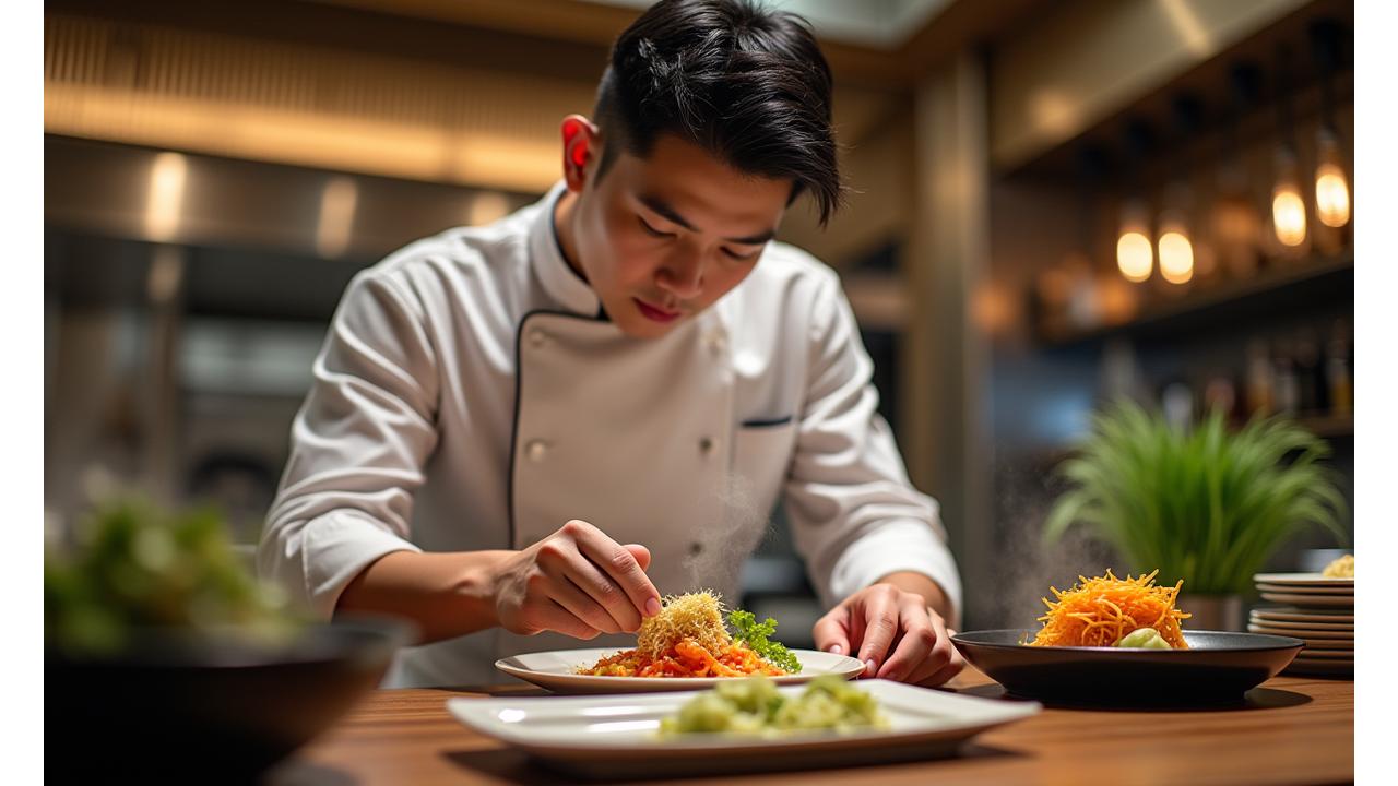 미슐랭 셰프가 오픈 키친에서 현지 식재료로 요리하는 모습