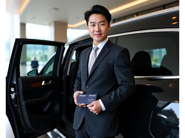 호텔에서 대기 중인 럭셔리 세단과 전문 드라이버