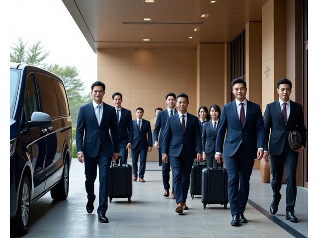 호텔 앞에서 회의 참석자들이 그룹 차량에 탑승하는 모습