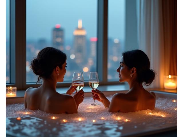 프라이빗 스위트 룸에서 커플 스파를 즐기는 연인