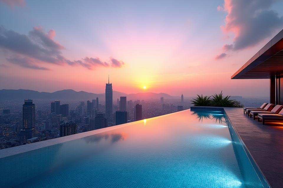 도시 전망의 인피니티 풀에서 수영하는 모습