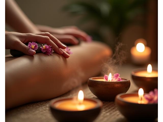 고급스러운 스파 룸에서 한방 오일 마사지를 받는 모습