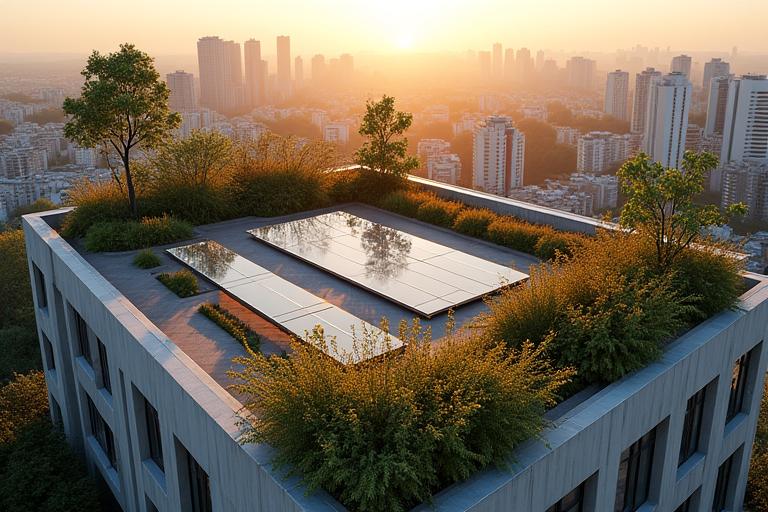 재생 에너지 패널이 설치된 호텔 옥상 정원과 빗물 수집 시스템