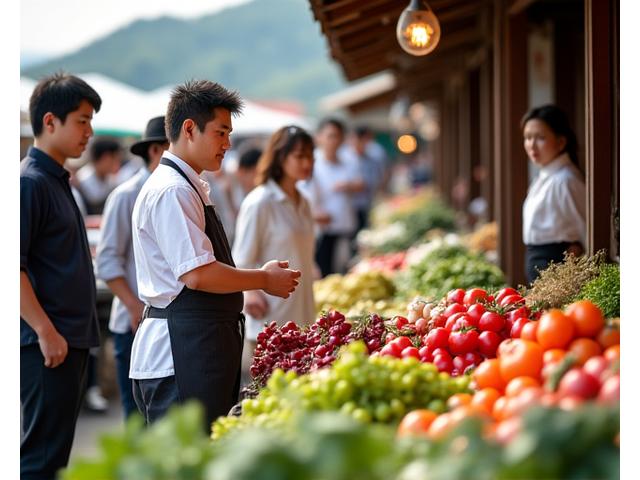 활기찬 지역 전통 시장에서 호텔 셰프가 농부와 대화하며 신선한 식재료를 고르는 모습