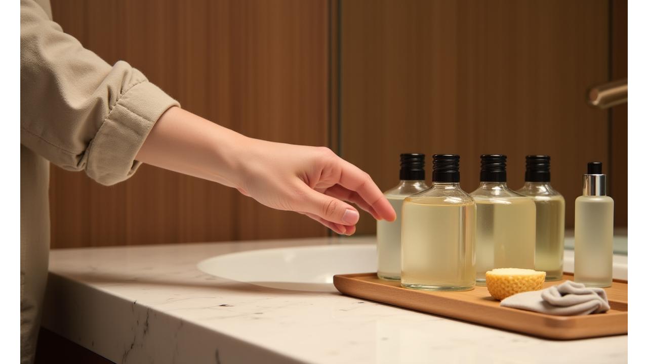 고객이 호텔 객실에서 친환경 어메니티를 사용하고 있는 모습